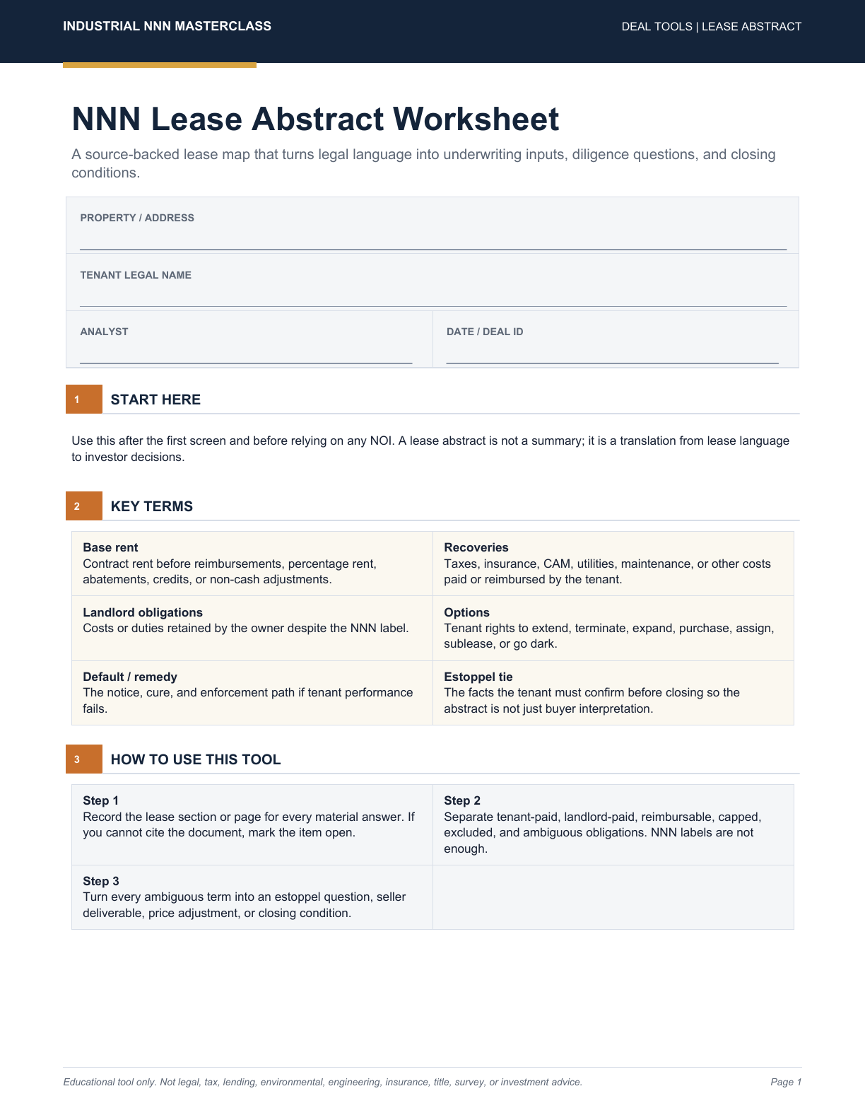 Readable preview of the NNN lease abstract worksheet