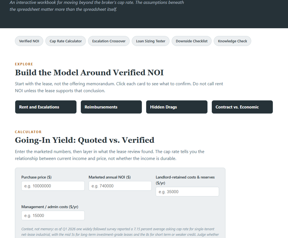 Readable Module 08 interactive workbook preview with verified NOI and cap-rate inputs